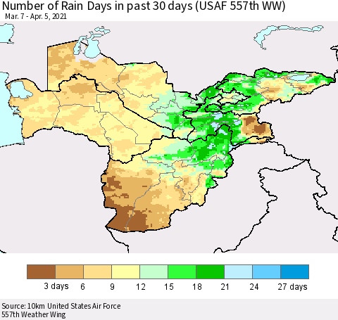 Central Asia Number of Rain Days in past 30 days (USAF 557th WW) 04/05/2021 Thematic Map For 4/1/2021 - 4/5/2021