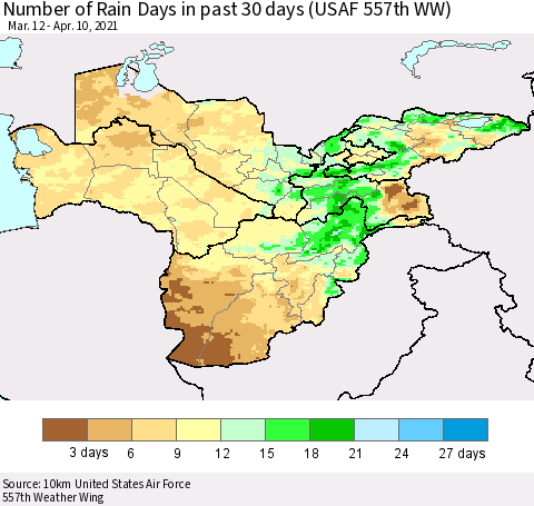 Central Asia Number of Rain Days in past 30 days (USAF 557th WW) 04/10/2021 Thematic Map For 4/6/2021 - 4/10/2021