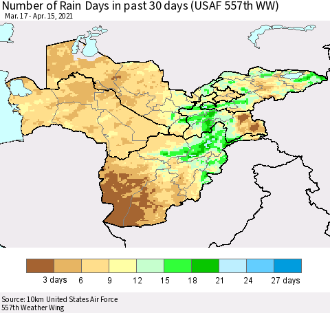 Central Asia Number of Rain Days in past 30 days (USAF 557th WW) 04/15/2021 Thematic Map For 4/11/2021 - 4/15/2021
