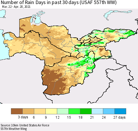Central Asia Number of Rain Days in past 30 days (USAF 557th WW) 04/20/2021 Thematic Map For 4/16/2021 - 4/20/2021