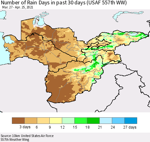 Central Asia Number of Rain Days in past 30 days (USAF 557th WW) 04/25/2021 Thematic Map For 4/21/2021 - 4/25/2021