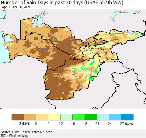 Central Asia Number of Rain Days in past 30 days (USAF 557th WW) 04/30/2021 Thematic Map For 4/26/2021 - 4/30/2021