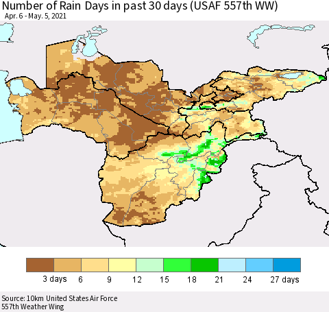 Central Asia Number of Rain Days in past 30 days (USAF 557th WW) 05/05/2021 Thematic Map For 5/1/2021 - 5/5/2021