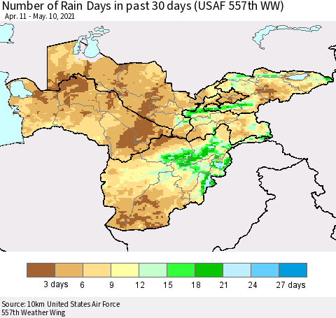 Central Asia Number of Rain Days in past 30 days (USAF 557th WW) 05/10/2021 Thematic Map For 5/6/2021 - 5/10/2021