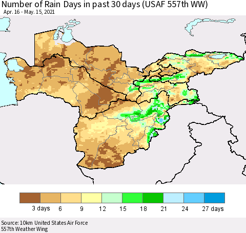 Central Asia Number of Rain Days in past 30 days (USAF 557th WW) 05/15/2021 Thematic Map For 5/11/2021 - 5/15/2021