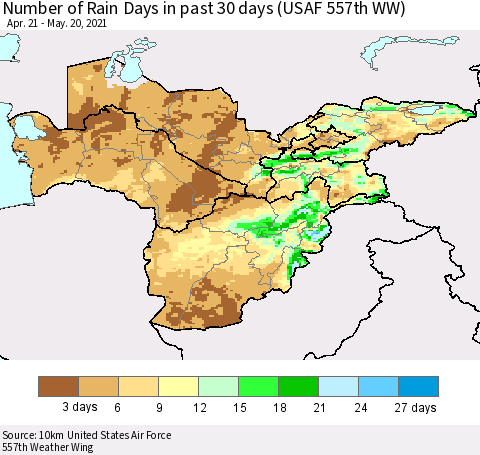 Central Asia Number of Rain Days in past 30 days (USAF 557th WW) 05/20/2021 Thematic Map For 5/16/2021 - 5/20/2021