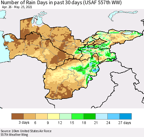 Central Asia Number of Rain Days in past 30 days (USAF 557th WW) 05/25/2021 Thematic Map For 5/21/2021 - 5/25/2021