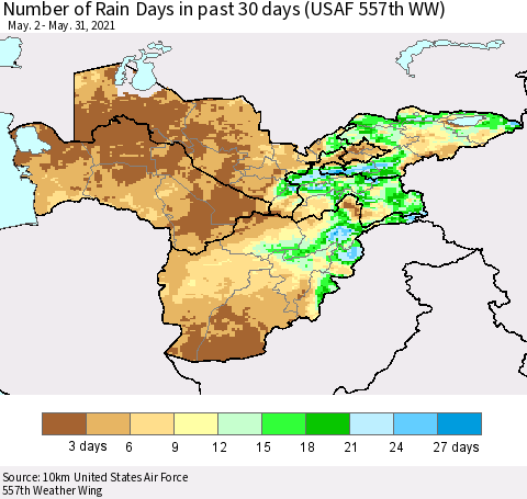 Central Asia Number of Rain Days in past 30 days (USAF 557th WW) 05/31/2021 Thematic Map For 5/26/2021 - 5/31/2021