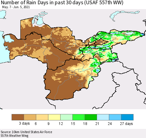 Central Asia Number of Rain Days in past 30 days (USAF 557th WW) 06/05/2021 Thematic Map For 6/1/2021 - 6/5/2021