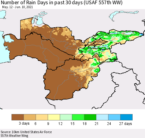 Central Asia Number of Rain Days in past 30 days (USAF 557th WW) 06/10/2021 Thematic Map For 6/6/2021 - 6/10/2021