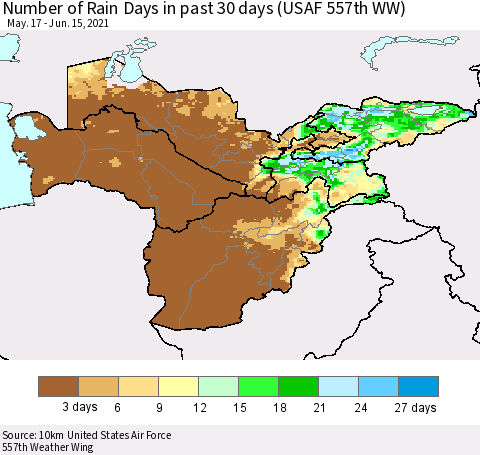 Central Asia Number of Rain Days in past 30 days (USAF 557th WW) 06/15/2021 Thematic Map For 6/11/2021 - 6/15/2021