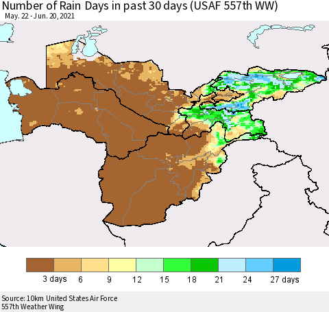 Central Asia Number of Rain Days in past 30 days (USAF 557th WW) 06/20/2021 Thematic Map For 6/16/2021 - 6/20/2021