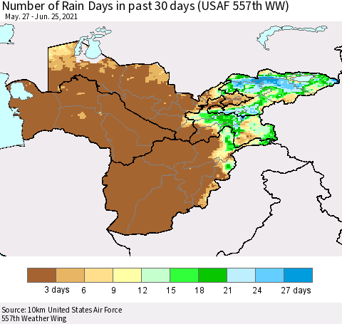Central Asia Number of Rain Days in past 30 days (USAF 557th WW) 06/25/2021 Thematic Map For 6/21/2021 - 6/25/2021