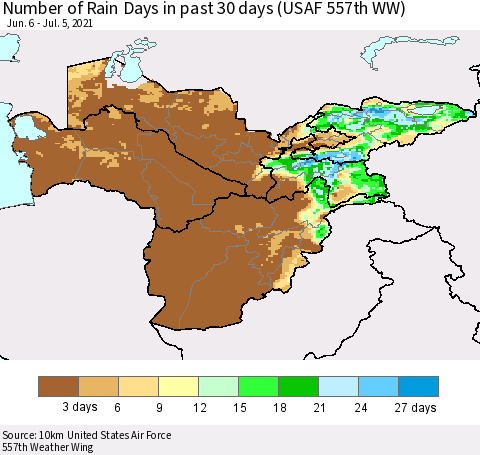 Central Asia Number of Rain Days in past 30 days (USAF 557th WW) 07/05/2021 Thematic Map For 7/1/2021 - 7/5/2021