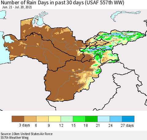 Central Asia Number of Rain Days in past 30 days (USAF 557th WW) 07/20/2021 Thematic Map For 7/16/2021 - 7/20/2021
