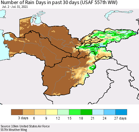Central Asia Number of Rain Days in past 30 days (USAF 557th WW) 07/31/2021 Thematic Map For 7/26/2021 - 7/31/2021