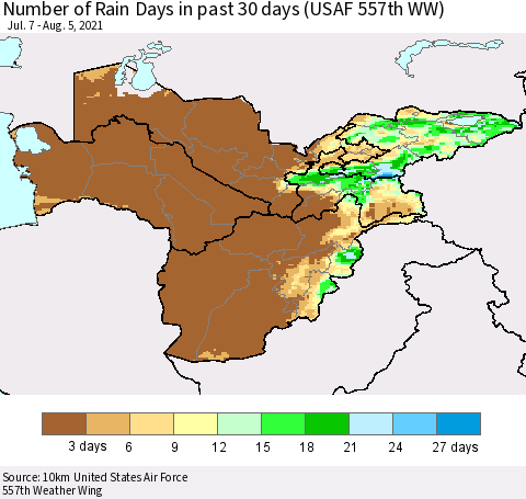 Central Asia Number of Rain Days in past 30 days (USAF 557th WW) 08/05/2021 Thematic Map For 8/1/2021 - 8/5/2021