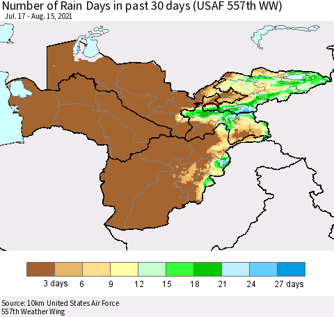 Central Asia Number of Rain Days in past 30 days (USAF 557th WW) 08/15/2021 Thematic Map For 8/11/2021 - 8/15/2021