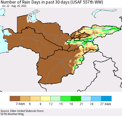Central Asia Number of Rain Days in past 30 days (USAF 557th WW) 08/20/2021 Thematic Map For 8/16/2021 - 8/20/2021