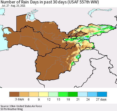 Central Asia Number of Rain Days in past 30 days (USAF 557th WW) 08/25/2021 Thematic Map For 8/21/2021 - 8/25/2021