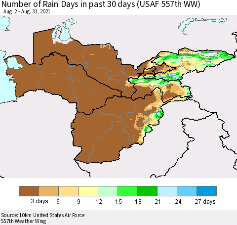 Central Asia Number of Rain Days in past 30 days (USAF 557th WW) 08/31/2021 Thematic Map For 8/26/2021 - 8/31/2021