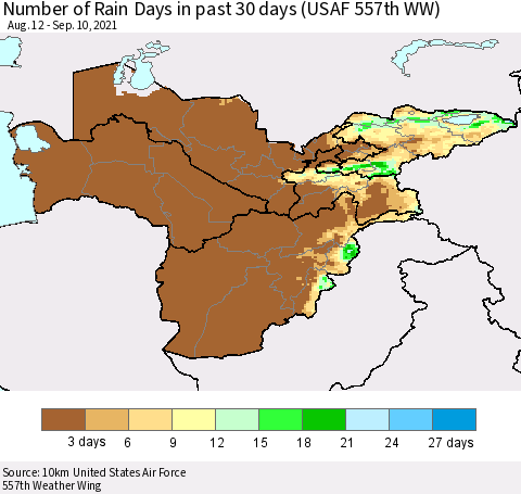 Central Asia Number of Rain Days in past 30 days (USAF 557th WW) 09/10/2021 Thematic Map For 9/6/2021 - 9/10/2021