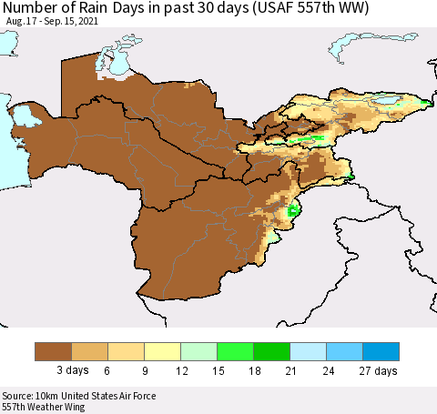 Central Asia Number of Rain Days in past 30 days (USAF 557th WW) 09/15/2021 Thematic Map For 9/11/2021 - 9/15/2021