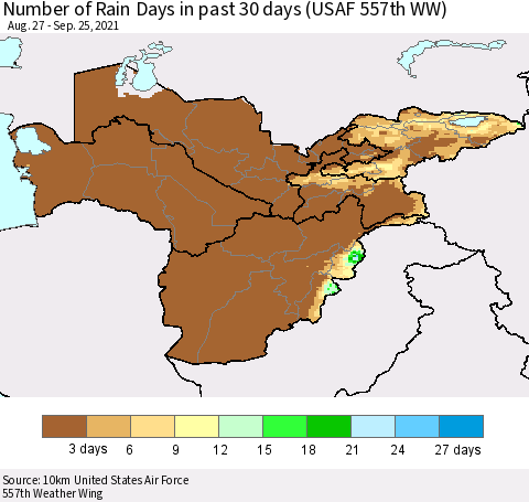 Central Asia Number of Rain Days in past 30 days (USAF 557th WW) 09/25/2021 Thematic Map For 9/21/2021 - 9/25/2021