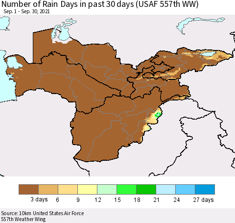 Central Asia Number of Rain Days in past 30 days (USAF 557th WW) 09/30/2021 Thematic Map For 9/26/2021 - 9/30/2021