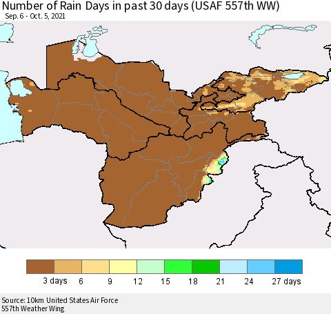 Central Asia Number of Rain Days in past 30 days (USAF 557th WW) 10/05/2021 Thematic Map For 10/1/2021 - 10/5/2021
