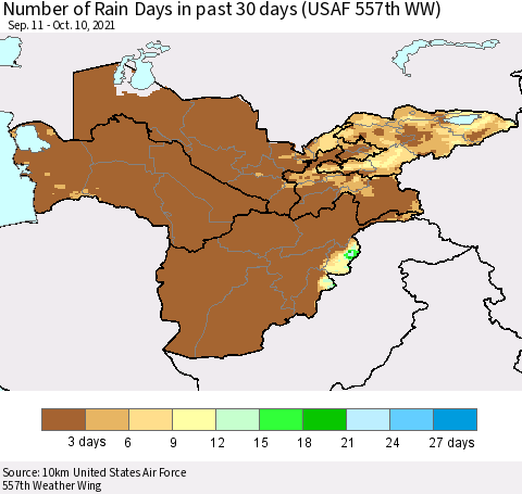 Central Asia Number of Rain Days in past 30 days (USAF 557th WW) 10/10/2021 Thematic Map For 10/6/2021 - 10/10/2021