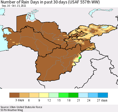 Central Asia Number of Rain Days in past 30 days (USAF 557th WW) 10/15/2021 Thematic Map For 10/11/2021 - 10/15/2021