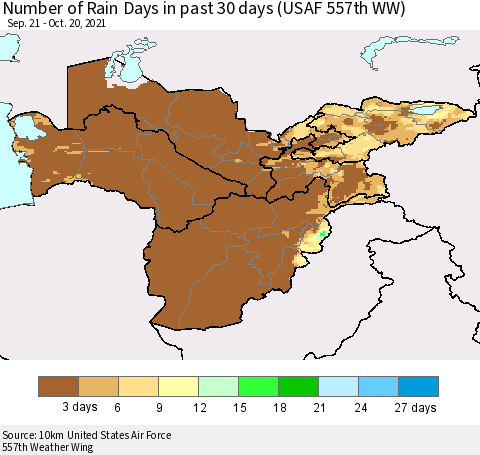 Central Asia Number of Rain Days in past 30 days (USAF 557th WW) 10/20/2021 Thematic Map For 10/16/2021 - 10/20/2021