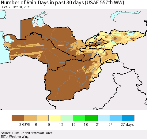 Central Asia Number of Rain Days in past 30 days (USAF 557th WW) 10/31/2021 Thematic Map For 10/26/2021 - 10/31/2021