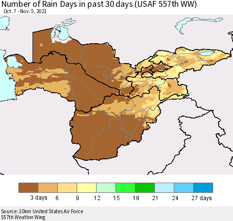 Central Asia Number of Rain Days in past 30 days (USAF 557th WW) 11/05/2021 Thematic Map For 11/1/2021 - 11/5/2021