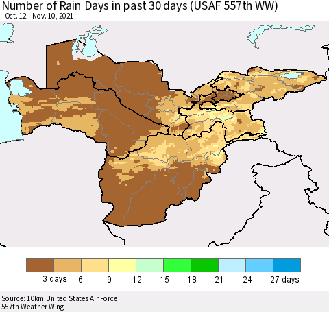 Central Asia Number of Rain Days in past 30 days (USAF 557th WW) 11/10/2021 Thematic Map For 11/6/2021 - 11/10/2021