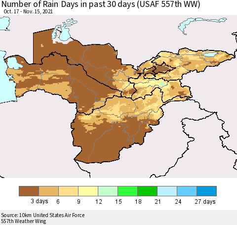 Central Asia Number of Rain Days in past 30 days (USAF 557th WW) 11/15/2021 Thematic Map For 11/11/2021 - 11/15/2021