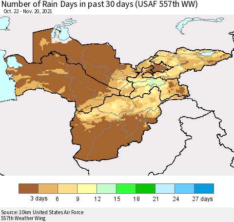 Central Asia Number of Rain Days in past 30 days (USAF 557th WW) 11/20/2021 Thematic Map For 11/16/2021 - 11/20/2021