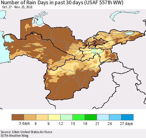 Central Asia Number of Rain Days in past 30 days (USAF 557th WW) 11/25/2021 Thematic Map For 11/21/2021 - 11/25/2021
