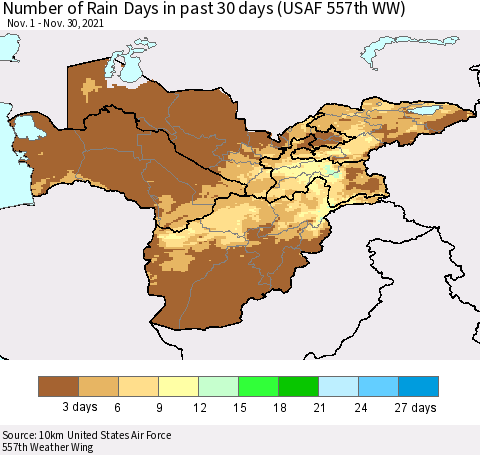 Central Asia Number of Rain Days in past 30 days (USAF 557th WW) 11/30/2021 Thematic Map For 11/26/2021 - 11/30/2021