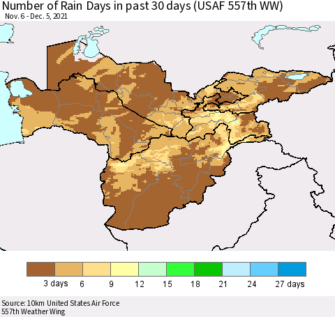 Central Asia Number of Rain Days in past 30 days (USAF 557th WW) 12/05/2021 Thematic Map For 12/1/2021 - 12/5/2021