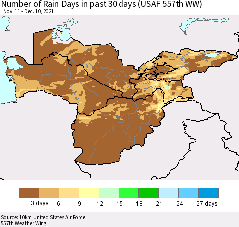 Central Asia Number of Rain Days in past 30 days (USAF 557th WW) 12/10/2021 Thematic Map For 12/6/2021 - 12/10/2021