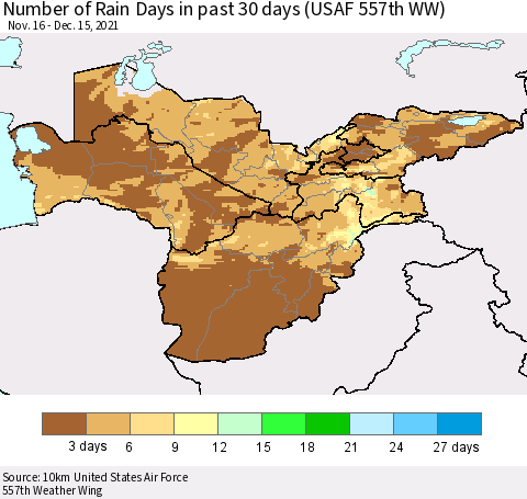 Central Asia Number of Rain Days in past 30 days (USAF 557th WW) 12/15/2021 Thematic Map For 12/11/2021 - 12/15/2021