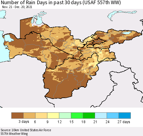 Central Asia Number of Rain Days in past 30 days (USAF 557th WW) 12/20/2021 Thematic Map For 12/16/2021 - 12/20/2021