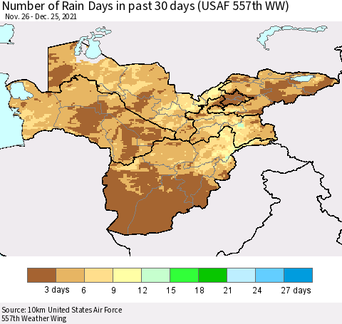 Central Asia Number of Rain Days in past 30 days (USAF 557th WW) 12/25/2021 Thematic Map For 12/21/2021 - 12/25/2021
