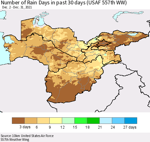 Central Asia Number of Rain Days in past 30 days (USAF 557th WW) 12/31/2021 Thematic Map For 12/26/2021 - 12/31/2021