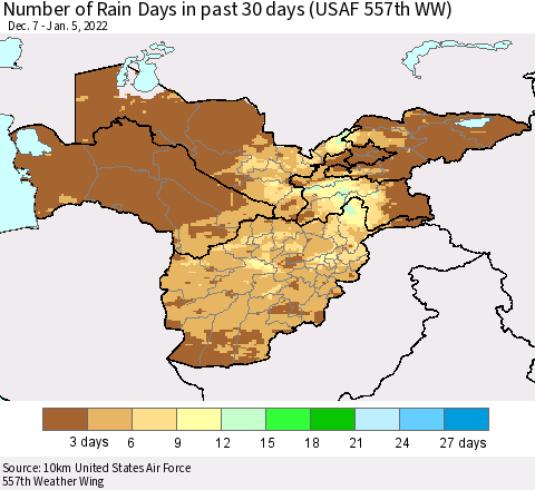 Central Asia Number of Rain Days in past 30 days (USAF 557th WW) 01/05/2022 Thematic Map For 1/1/2022 - 1/5/2022