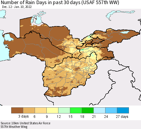 Central Asia Number of Rain Days in past 30 days (USAF 557th WW) 01/10/2022 Thematic Map For 1/6/2022 - 1/10/2022