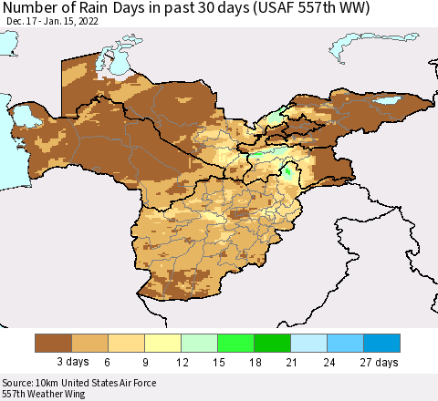 Central Asia Number of Rain Days in past 30 days (USAF 557th WW) 01/15/2022 Thematic Map For 1/11/2022 - 1/15/2022