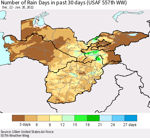 Central Asia Number of Rain Days in past 30 days (USAF 557th WW) 01/20/2022 Thematic Map For 1/16/2022 - 1/20/2022